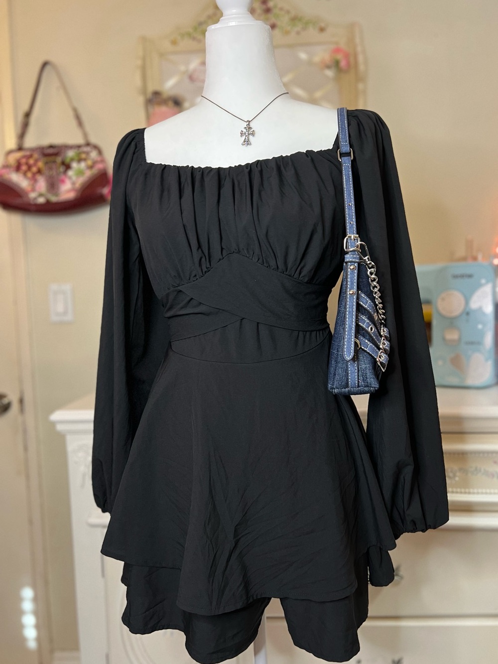Black Long-Sleeve Square-Neck Mini Dress